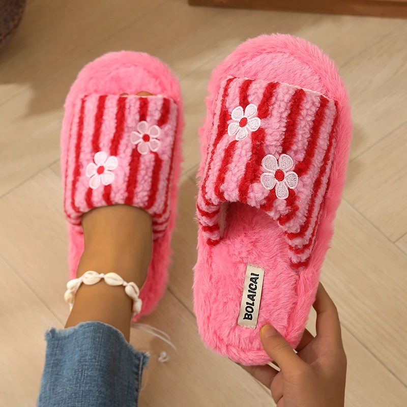 Embroidery Flower - Flower Embroidery Stripe Plush Slippers Women
