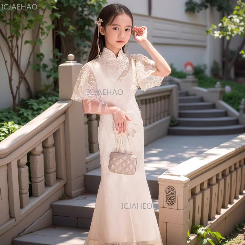 Embroidery White Dress - White Girls Qipao Dress Kids Chinese