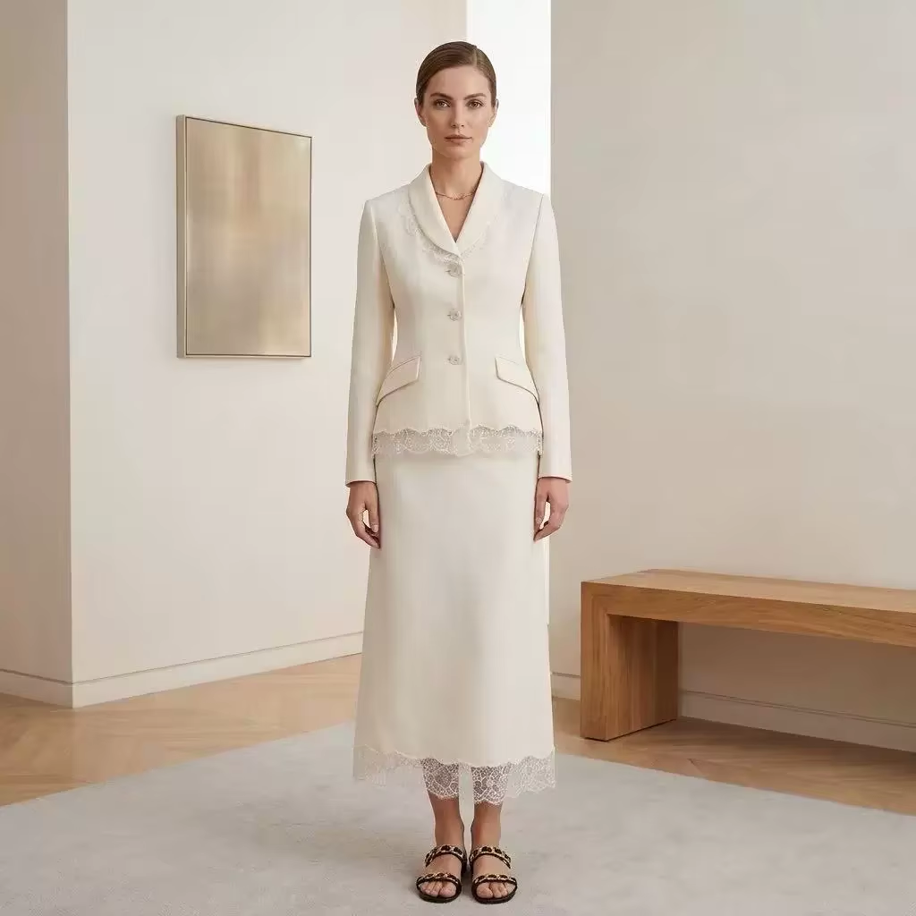 Embroidery Skirt - Luxury Wool Silk Blend Skirt Suit