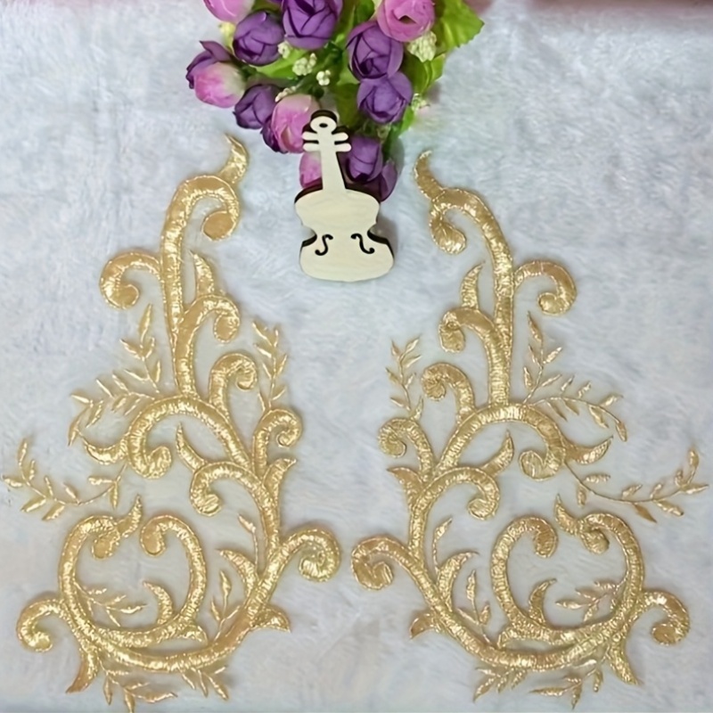 Embroidery Flower Pattern - 2Pairs Gold Lace Fabric Flowers Branch