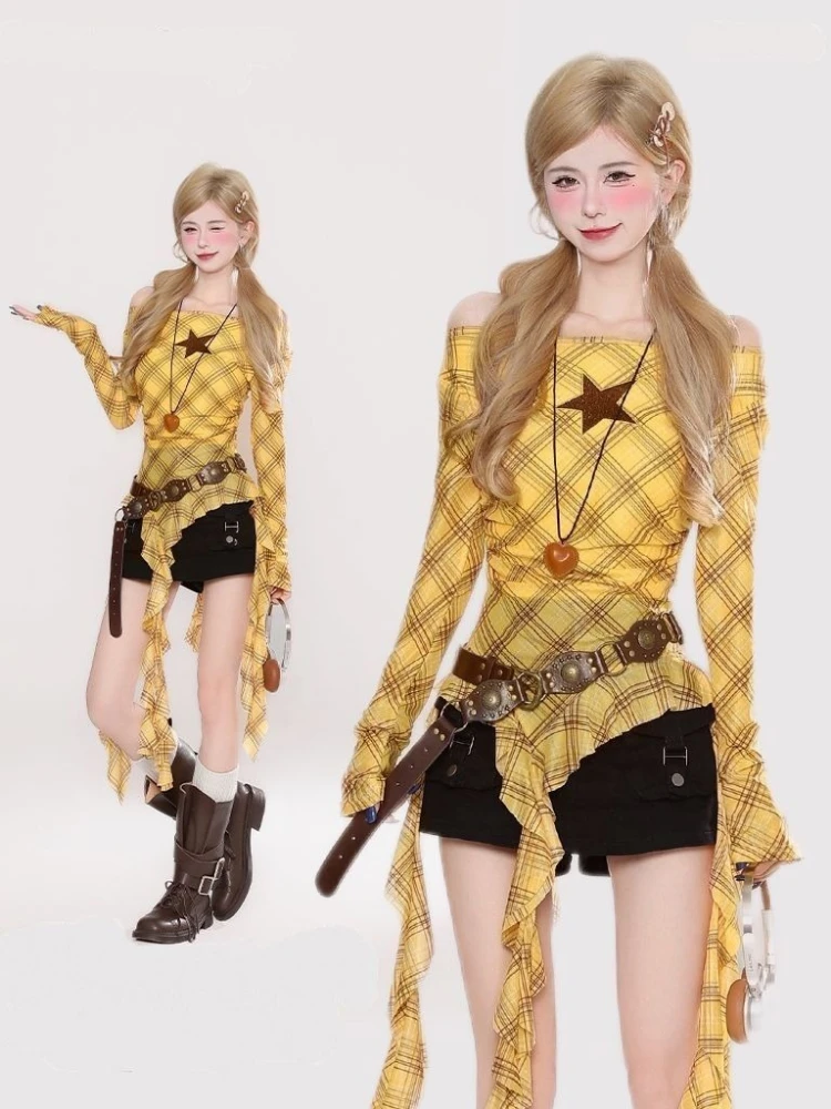 Y2K Plaid Slash Neck Vintage T - Embroidery A ulasan dan harga