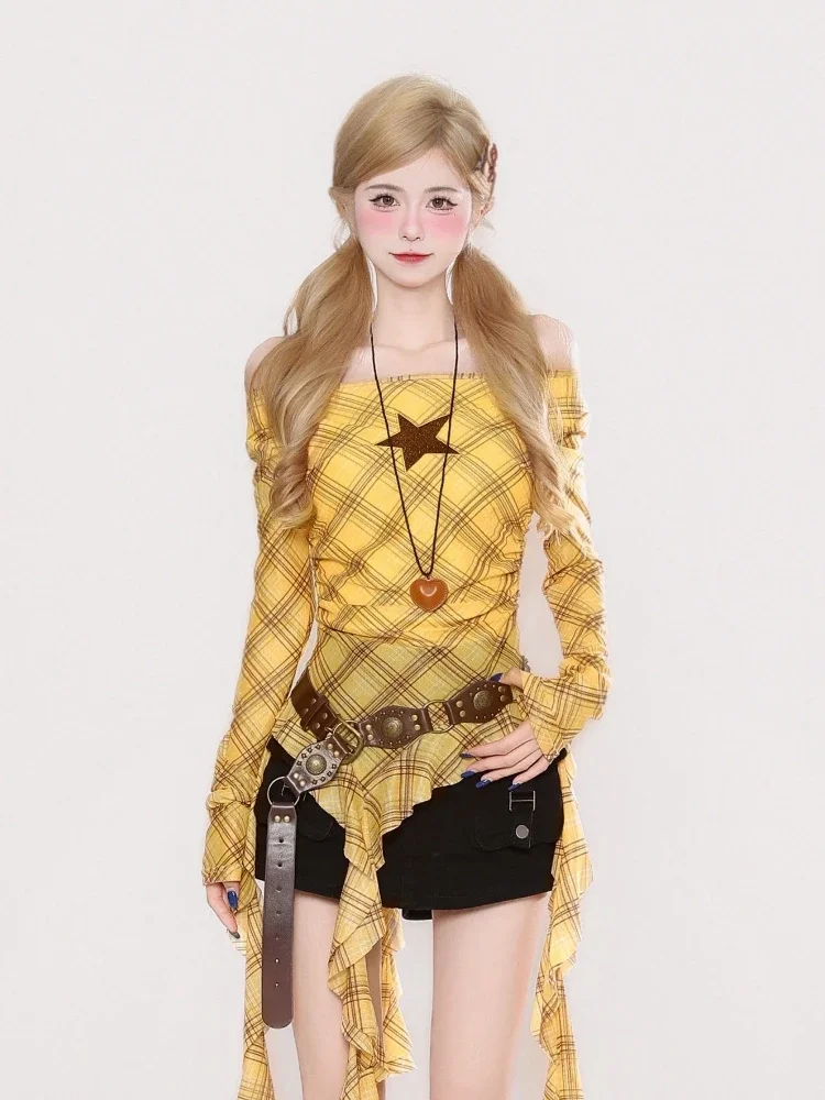 Y2K Plaid Slash Neck Vintage T - Embroidery A ulasan dan harga
