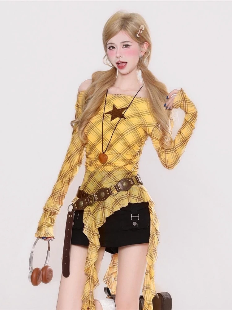 Y2K Plaid Slash Neck Vintage T - Embroidery A ulasan dan harga