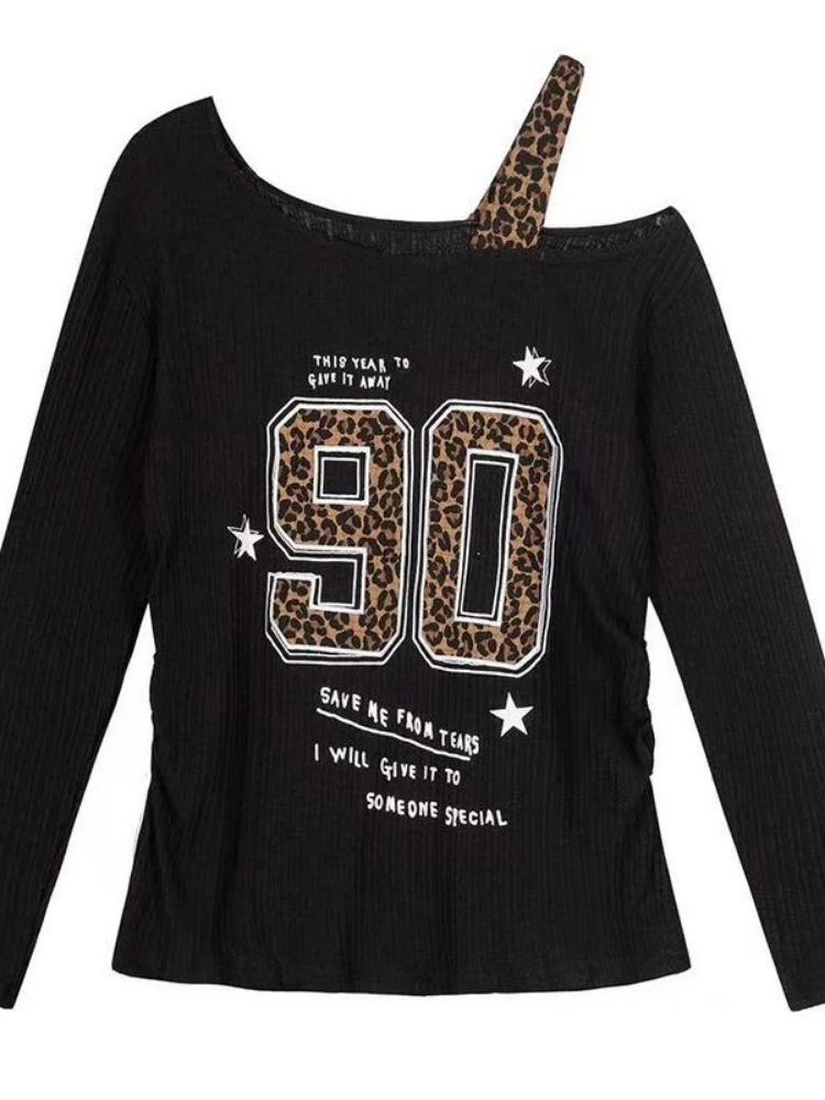 Y2K Patchwork Leopard Print T- - Embroidery A ulasan dan harga