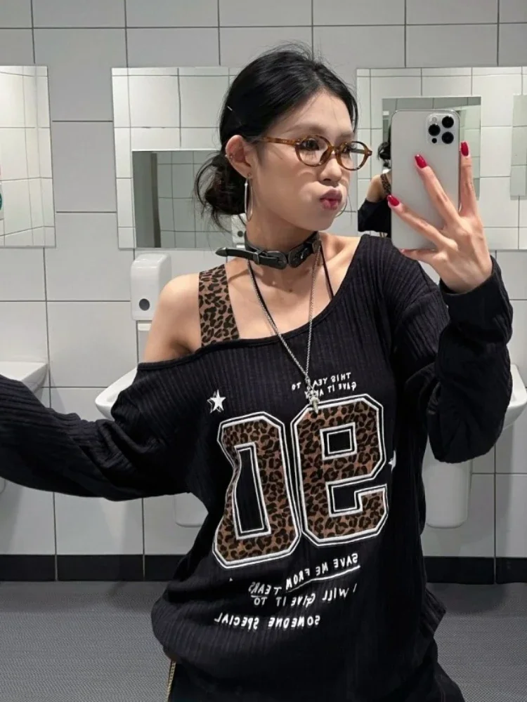 Y2K Patchwork Leopard Print T- - Embroidery A ulasan dan harga