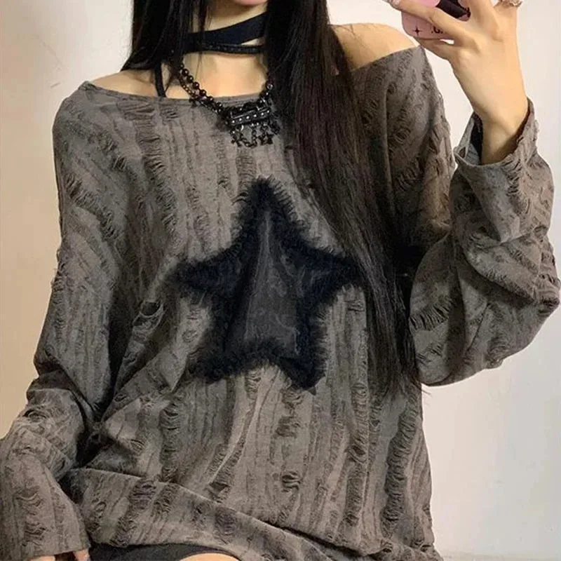 Y2K Hole Star Print T-Shirt Wo - Embroidery Uniforms ulasan dan harga