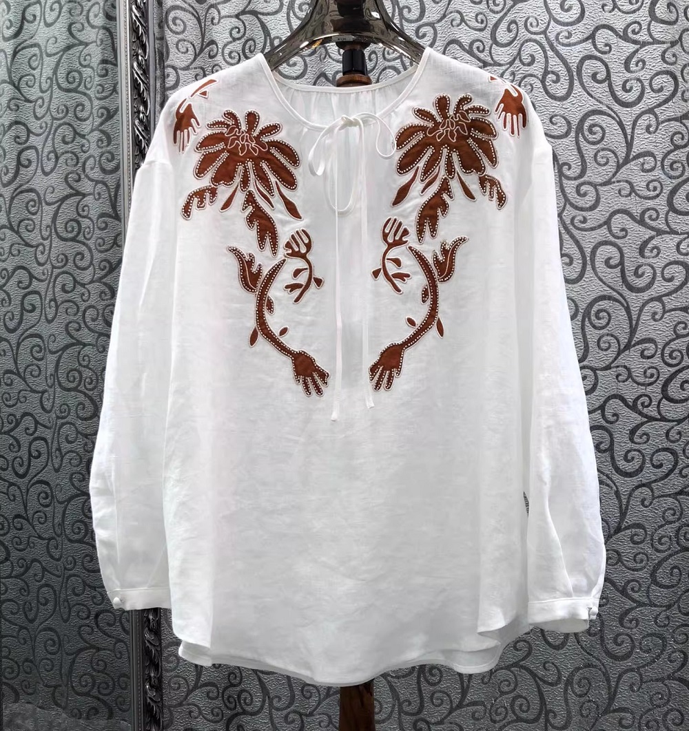 100%Linen Tops 2026 Spring Sum - Embroidery Yellow ulasan dan harga