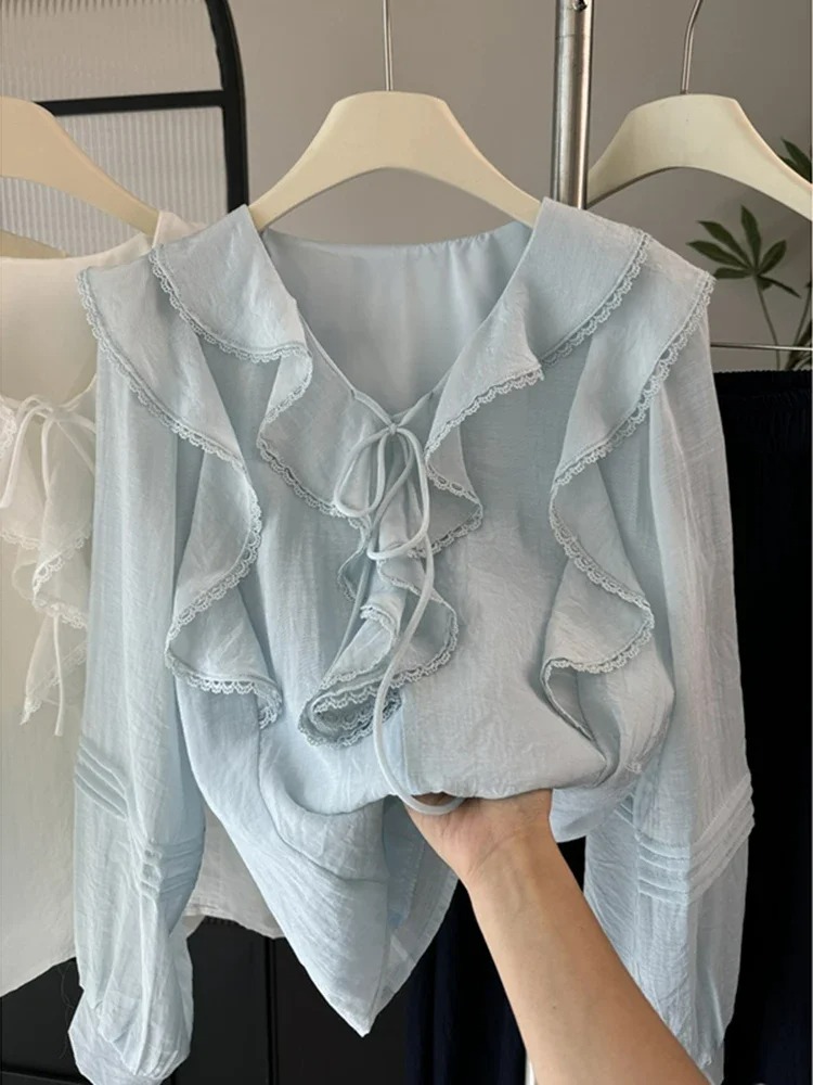 French V-Neck Chic Long Sleeve - Embroidery A ulasan dan harga