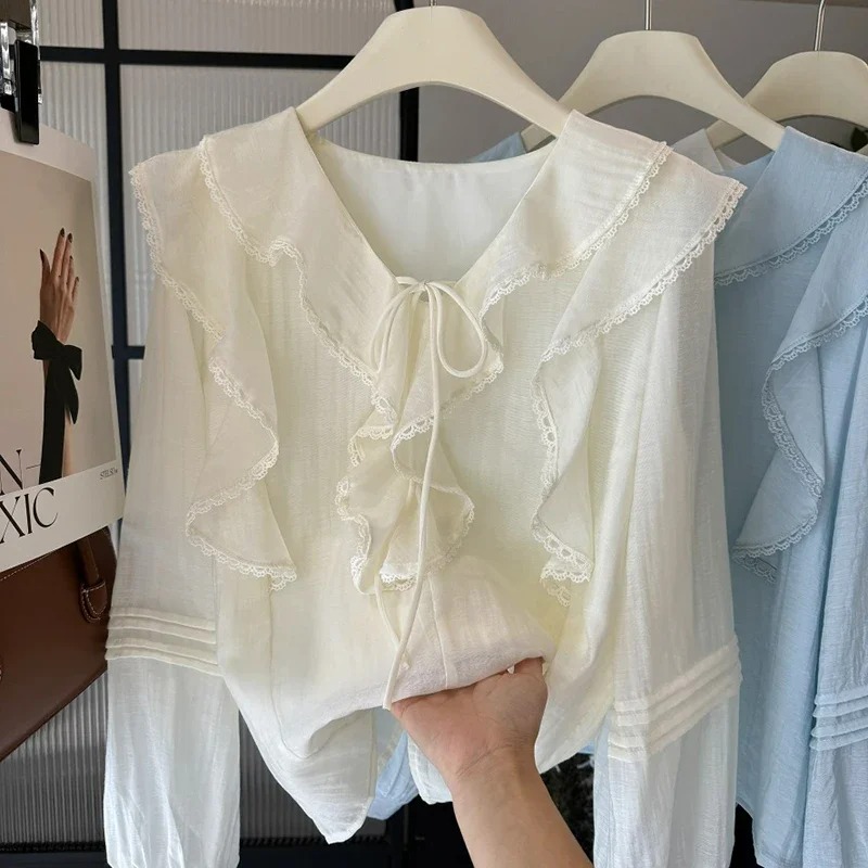 French V-Neck Chic Long Sleeve - Embroidery A ulasan dan harga