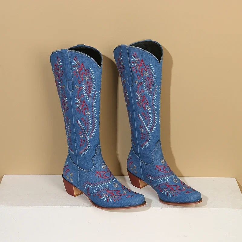 Blue Denim Western Cowgirl Kne - Embroidery Flower ulasan dan harga