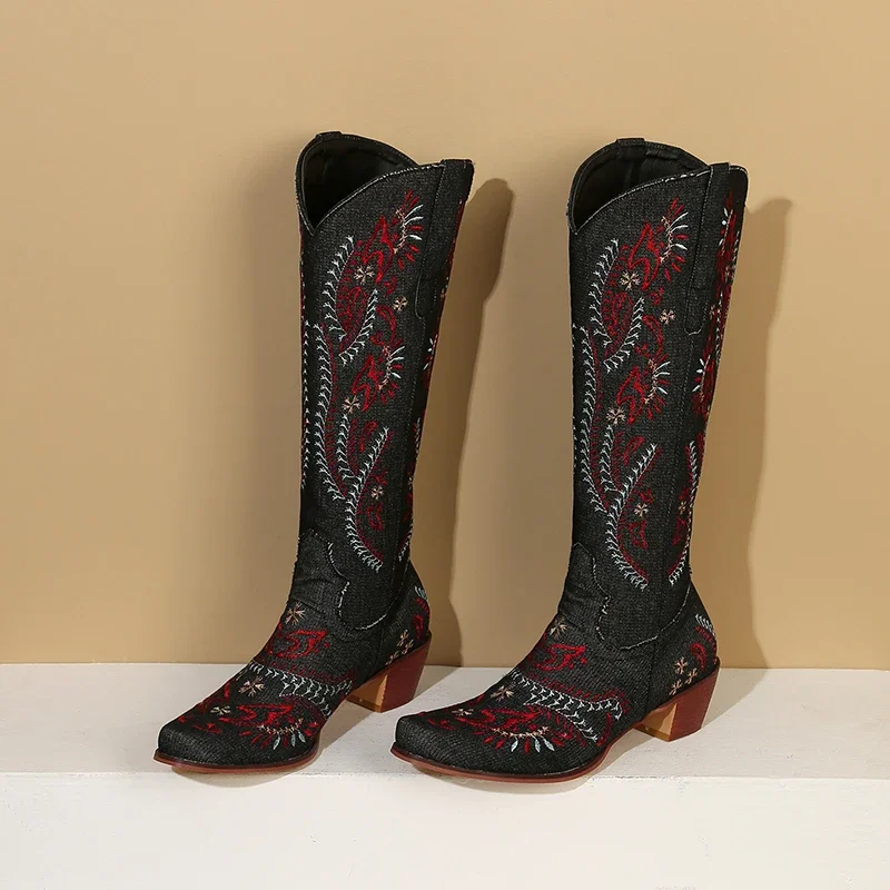Blue Denim Western Cowgirl Kne - Embroidery Flower ulasan dan harga