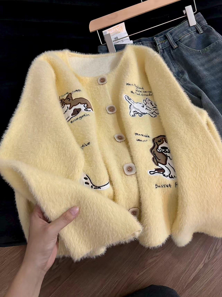 Puppy Embroidery Knit Cardigan - Embroidery Yellow ulasan dan harga